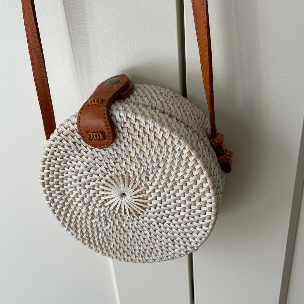 Balinese White Wicker and Leather Crossbody